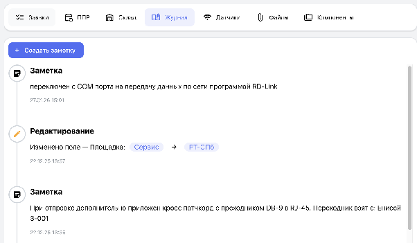 Журнал событий оборудования